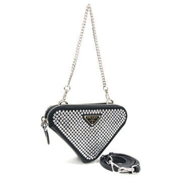 Prada Triangle Shoulder Bag Black Leather Crystals chain double - Picture 1 of 8